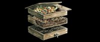 Wooden compost bin with layered trays showing organic waste and soil, isolated on transparent background. Great for eco, gardening clipart, stickers, t-shirt design, print on demand.