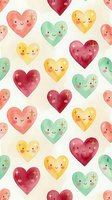 Cute watercolor hearts seamless pattern with smiling faces in pastel colors for Valentine's Day, love themes, romantic designs, and children's projects.
