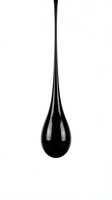 Single black liquid droplet suspended in mid-air against white background, isolated and ready for design use on websites, packaging, and marketing materials.