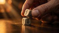 Hand holding wooden dice with arrow symbols showing decision making and direction choice concept in warm lighting.