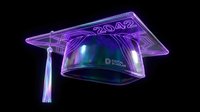 Futuristic graduation cap with holographic display showing 2042 date and digital earth globe, neon purple glowing education technology concept on black background.