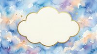 Watercolor cloud frame with golden border on pastel blue purple background. Abstract artistic design for invitations, cards, labels and decorative projects.