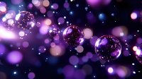 Purple glass spheres floating in cosmic space with glowing bokeh lights and sparkles creating magical atmosphere for luxury design projects.