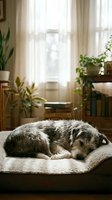 Adorable fluffy dog sleeping peacefully on cozy bed in bright living room with houseplants and natural sunlight streaming through window curtains.