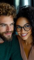 Happy interracial couple smiling together in close portrait showing love and connection between Caucasian man with curly hair and African American woman with glasses.
