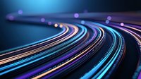 Curved light trails glowing in blue, purple and white neon colors against dark background create futuristic technology concept for digital connectivity.