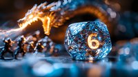 Glowing blue translucent gaming dice with number six showing, alongside fantasy dragon figurine in dramatic lighting creating magical atmosphere for tabletop gaming concept.