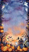 Watercolor Halloween frame with pumpkins, ghosts, bats and haunted house on purple sky background. Spooky autumn border for party invitations and seasonal designs.