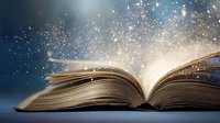 Open magical book with glowing light and sparkling stardust rising from pages against dark blue background, creating mystical atmosphere for fantasy and education concepts.