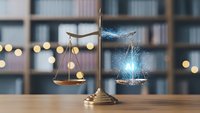 Golden scales of justice with digital holographic effects on wooden desk in modern law office with blurred bookshelf background and warm lighting.