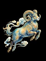 Ornate leaping ram with swirling blue and gold patterns, isolated on transparent background. Great for zodiac clipart, stickers, t-shirt design, and print on demand.