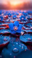 Vibrant blue flower floating on water with red leaves and water drops at sunset, creating magical atmosphere with bokeh light effects and reflections in macro photography.