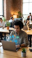 Young African American man with headphones working on laptop in modern coworking space with digital communication icons overlay for remote work concepts.