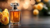 Elegant amber perfume bottle with crystal cap surrounded by soft yellow roses on dark surface with warm bokeh lights creating luxurious fragrance advertisement mood.