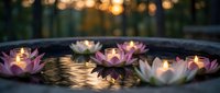 Floating lotus candles in water bowl create peaceful spa atmosphere with warm bokeh lights background for meditation and relaxation rituals.