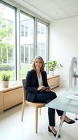 Middle-aged woman with gray hair and light skin tone, wearing dark navy blazer and pants, sitting on wooden chair at modern office desk holding tablet. Bright contemporary workspace with large windows overlooking green landscape, potted plants, minimalist furniture, and professional environment suitable for corporate, business, and workplace concepts.