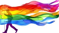 Silhouette of person walking with flowing rainbow colored waves trailing behind creating dynamic motion effect on white background, suitable for pride designs.