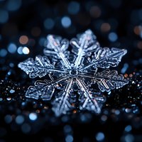 Macro photograph of natural snowflake crystal with intricate patterns and details on dark background with bokeh lights creating magical winter atmosphere.