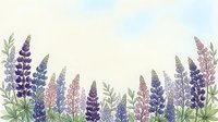 Watercolor lupine flowers border with purple pink blue blooms and green leaves on white background for spring garden design projects and botanical artwork.