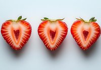 Fresh strawberry halves arranged in row showing vibrant red interior and heart-shaped profile against clean white background.