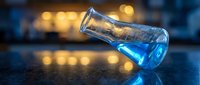 Empty glass test tube with blue liquid spilling on laboratory table with bokeh lights background for scientific research and chemistry experiments.