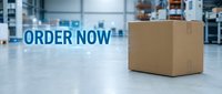 Cardboard box on warehouse floor with glowing ORDER NOW text, e-commerce and logistics concept for retail, shipping, and online store promotions.