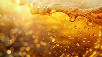 Golden liquid with bubbles and droplets forming on surface, creating rich amber texture with bokeh light effects in background.