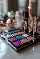 Luxury makeup collection with colorful eyeshadow palette and rose gold cosmetic bottles on vanity table for beauty and fashion styling.