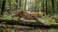 Leopard stretching on moss-covered fallen log in lush green forest. Wild big cat displaying natural behavior among ferns and trees in woodland habitat.