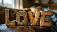 Wooden letters spelling love on rustic surface, perfect for home decor, wedding displays, and romantic interior design projects.