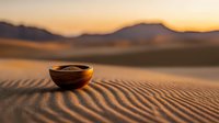 Wooden bowl filled with coffee beans sits on rippled sand dunes at golden hour sunrise with mountain silhouettes in warm desert landscape background.