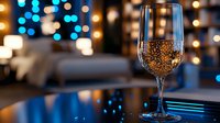 Champagne glass with sparkling bubbles on elegant table setting with warm and cool bokeh lights in background, suitable for celebration, luxury, event, and hospitality design projects.