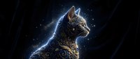 Mystical cat silhouette with glowing blue energy aura and ornate golden patterns against starry night sky background for fantasy art projects.