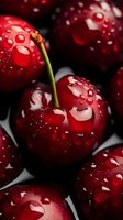 Fresh ripe cherries with water drops on dark red surface, macro shot showing juicy texture and natural moisture on glossy fruit skin.