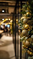 Elegant Christmas decoration with gold and glitter ornaments, pine branches and eucalyptus leaves in upscale shopping mall with bokeh lights in background.