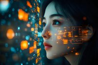 Young Asian woman in profile view with futuristic digital interface projection overlay against dark background with glowing orange bokeh lights and technology elements.