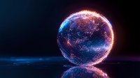 Glowing digital sphere with network connections and light trails floating above reflective surface in dark space, illuminated by pink and blue neon lights.