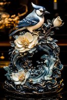 Artistic blue jay figurine perched on ornate floral arrangement with cream magnolias, swirling waves, and delicate details in blue and gold tones, creating luxurious decor piece.
