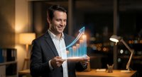 Professional businessman holding holographic growth chart with upward arrow in modern office environment showcasing business success and financial analytics.