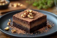 Rich chocolate mousse cake slice layered with dark brownie base and creamy chocolate filling, topped with nuts and cocoa powder on black plate, selective focus.