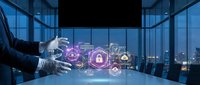 Business professional using digital security interface with cybersecurity icons in modern office boardroom for data protection and network safety solutions.