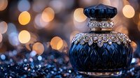 Elegant blue crystal perfume bottle with ornate silver details and decorative cap against warm bokeh lights background for luxury cosmetics advertising.