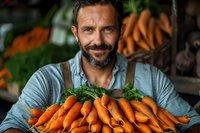 Caucasian male farmer in denim overalls displaying fresh organic carrots with green tops at local market, genuine smile and beard, natural lighting.