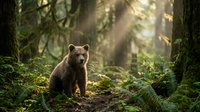 Young brown bear cub walking through misty forest with sunlight filtering through tall trees and lush green vegetation, wildlife and nature photography.
