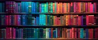 Colorful rainbow gradient bookshelf with vintage and modern books arranged in spectrum order from blue to pink, perfect for education, library and literature themes.