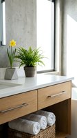 Modern bathroom vanity with floating wood cabinet, white countertop, plants and towels in minimalist concrete interior design.