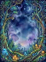 Enchanted forest gateway with twisted trees framing a starry night sky, crescent moon, and magical woodland scene with glowing mushrooms and lush foliage.
