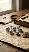 Vintage tabletop role-playing game setup with polyhedral dice, aged maps, leather journal, quill pen and coins on wooden surface near window for gaming content.