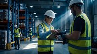 Warehouse workers in safety gear using digital tablet for inventory management and logistics operations in modern industrial facility.
