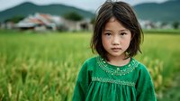 Young Asian girl in traditional green dress standing in rural rice field with mountains and village houses in background during golden hour.